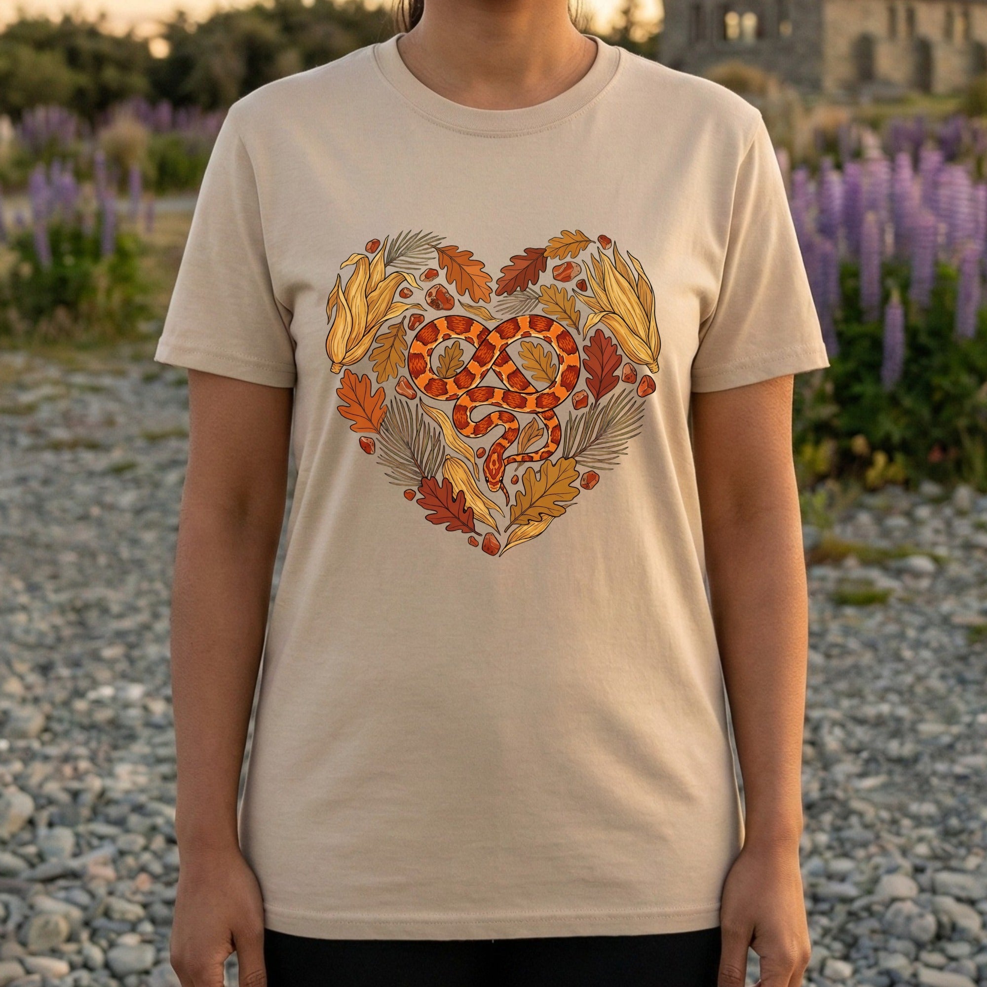Heart Shaped Snake Design Beige T-Shirt
