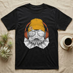 Frilled Lizard Headphones T-Shirt in Black — Engraved frilled lizard with fanned frill in a beanie and headphones, aviators reflecting savannah woodland.