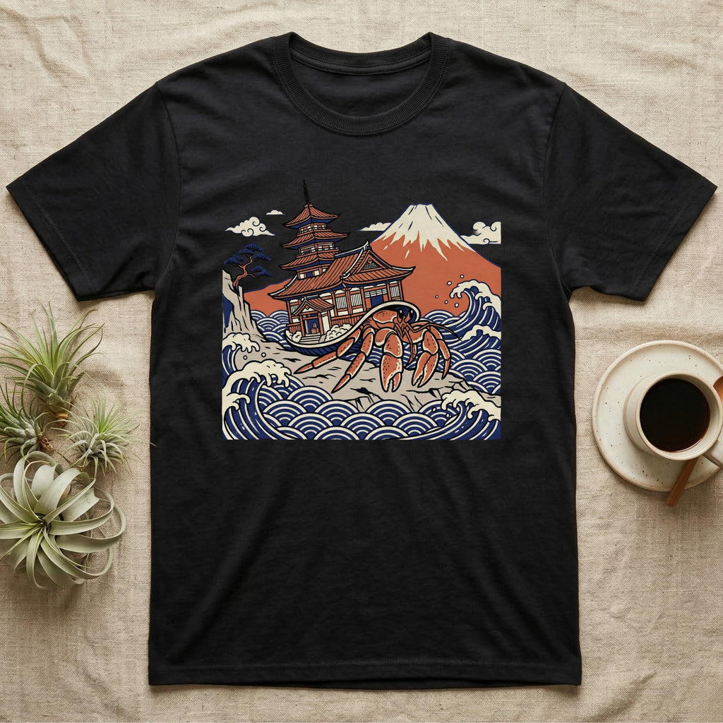 Black t-shirt featuring a Japanese temple, Mount Fuji, and a large crab amidst stylized waves.