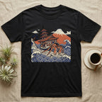 Black t-shirt featuring a Japanese temple, Mount Fuji, and a large crab amidst stylized waves.