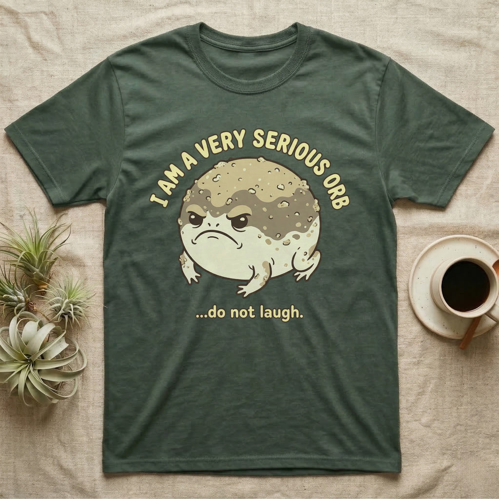 Dark green t-shirt with a grumpy toad and text "I AM A VERY SERIOUS ORB ...do not laugh."