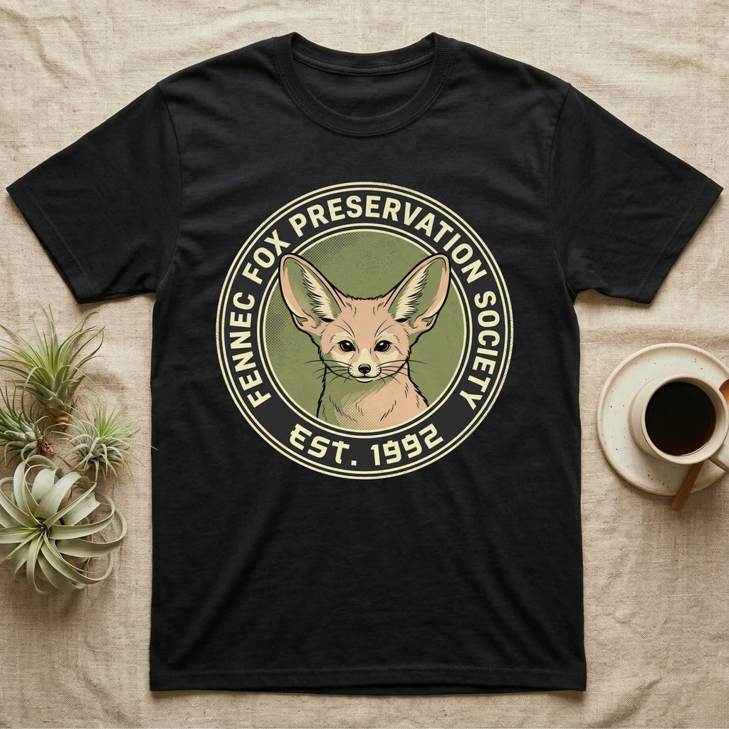 Black t-shirt with Fennec Fox Preservation Society circular logo.