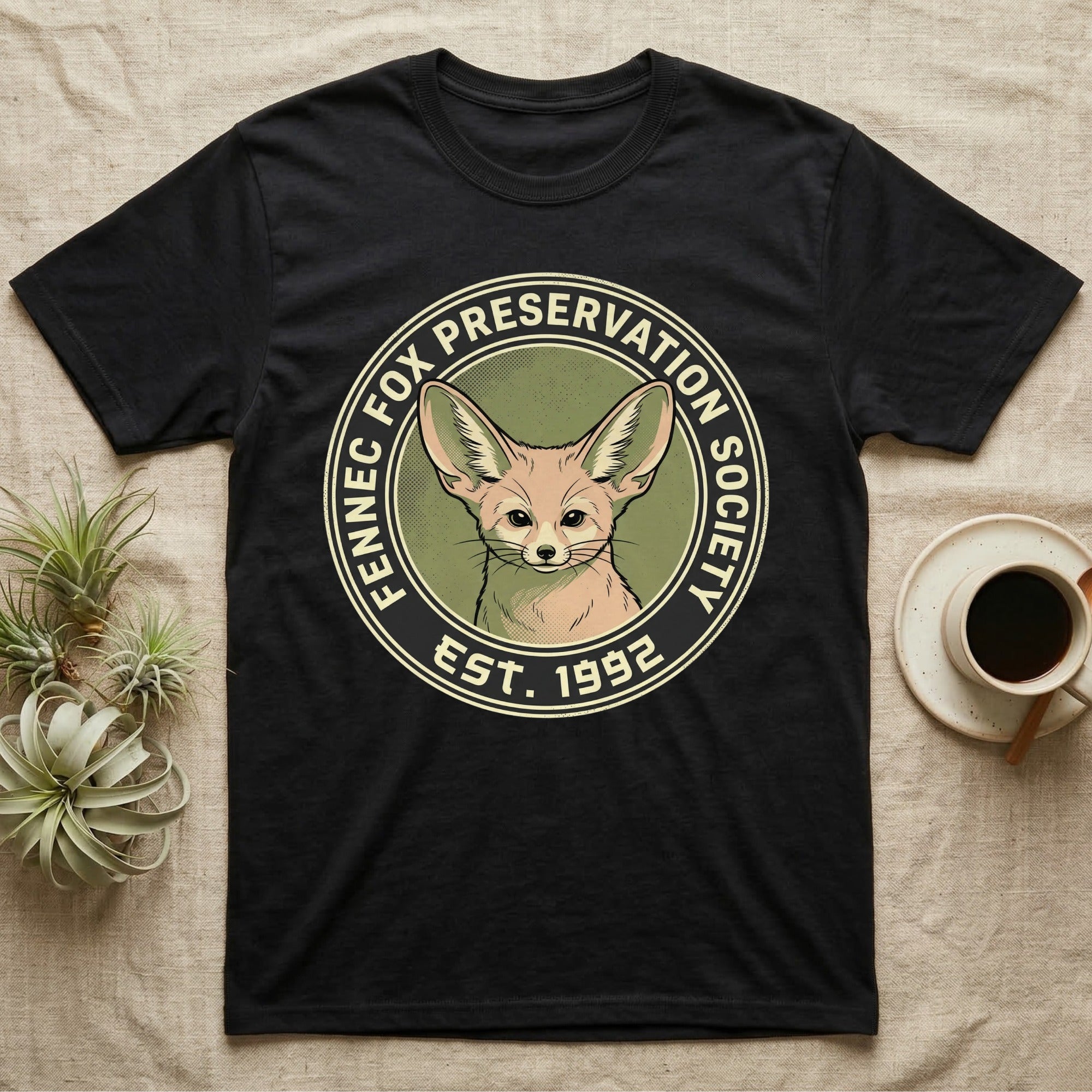 Black t-shirt with Fennec Fox Preservation Society circular logo.