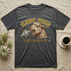 Dark grey t-shirt with a llama spitting, "Hawk Tush" and slogan.