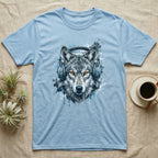 T-shirt with graphic of a wolf wearing headphones.