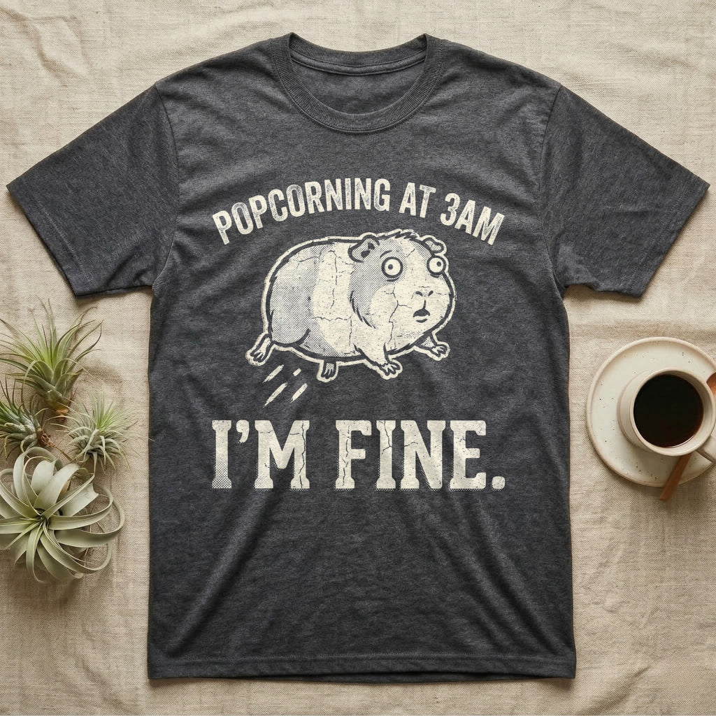 Guinea Pig Popcorning 3AM Tee in Dark Heather — Grunge-distressed guinea pig mid-popcorn with all four feet airborne and distressed type "Popcorning At 3AM I'm Fine."