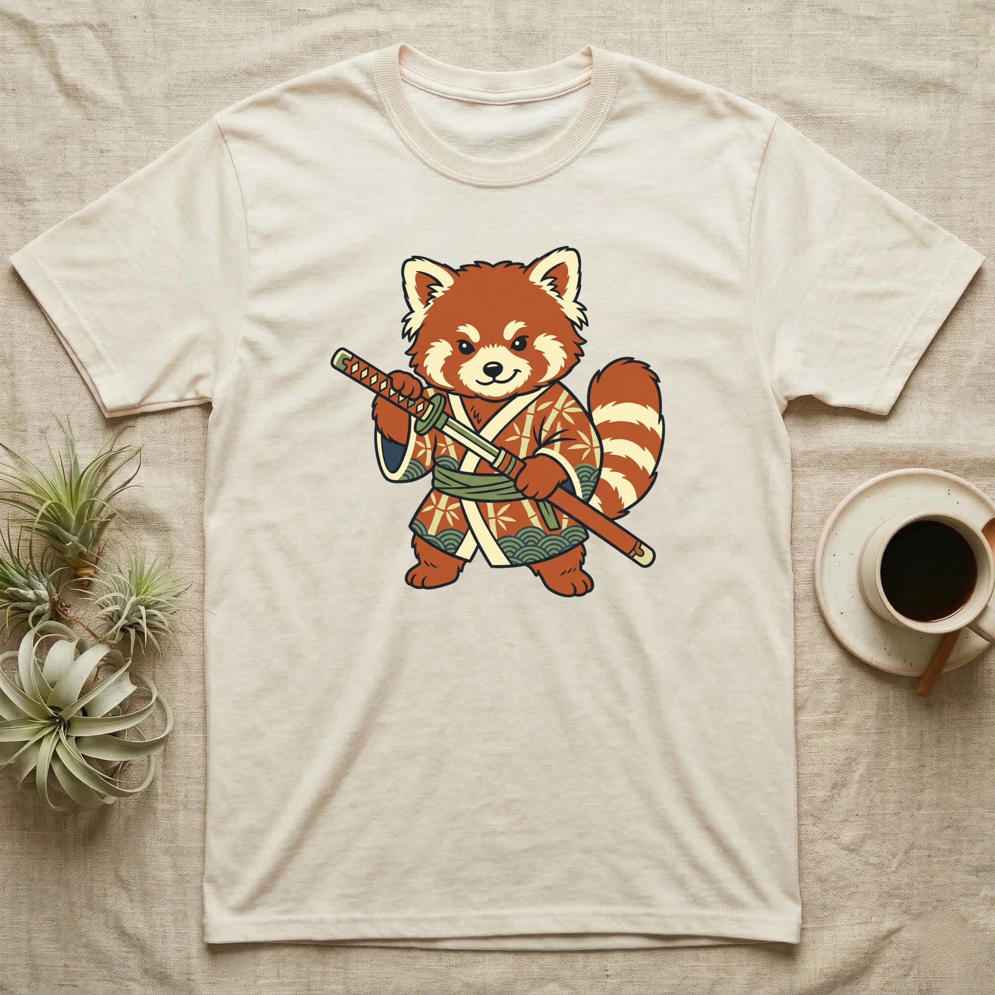 Red panda samurai in kimono holding a katana on a cream t-shirt.