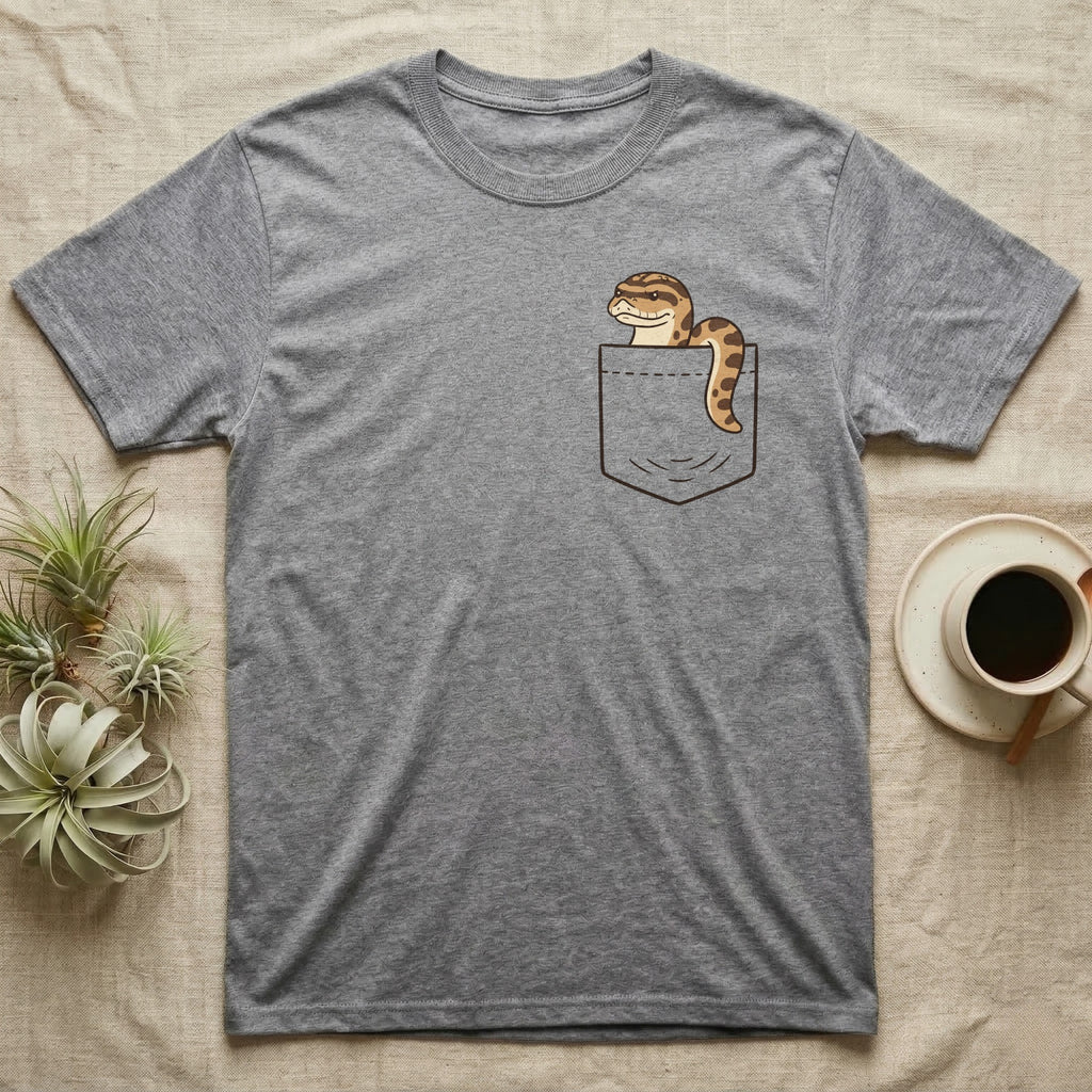 Hognose Pocket T-Shirt in Sport Grey — Cartoon western hognose with an upturned snout peeking out of a chest pocket, its body looped over the edge