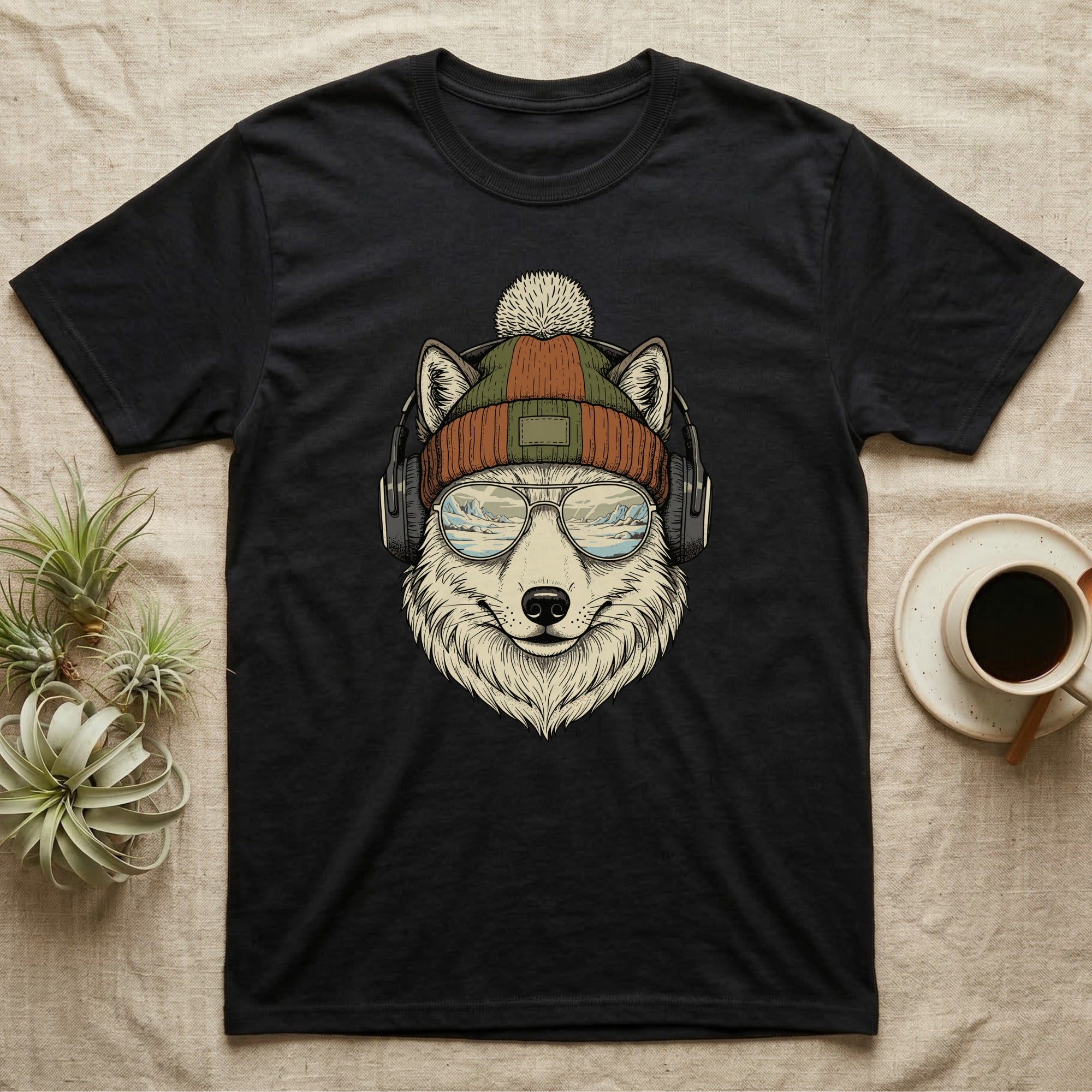 Wolf wearing beanie, sunglasses, and headphones, with mountain reflection.