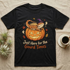 Bearded Dragon Gourd Times T-Shirt in Black — Cartoon bearded dragon in a witch hat lounging in a jack-o'-lantern, "Just Here for the Gourd Times."