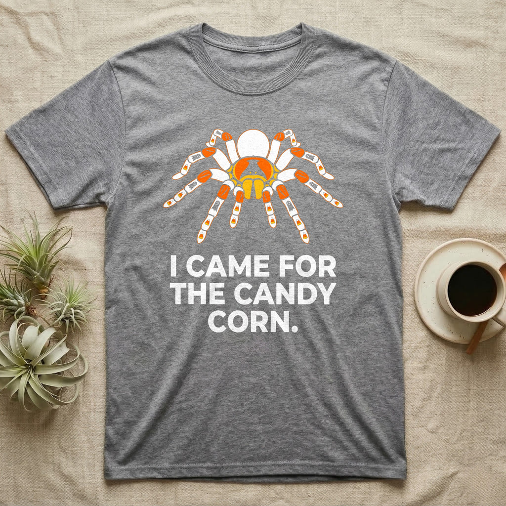 Tarantula Candy Corn T-Shirt in Sport Grey — Clean vector tarantula with candy-corn and ghost patterned legs, "I Came for the Candy Corn."