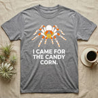 Tarantula Candy Corn T-Shirt in Sport Grey — Clean vector tarantula with candy-corn and ghost patterned legs, "I Came for the Candy Corn."