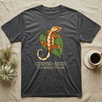 Dark grey t-shirt with a crested gecko and leaf graphic and text.