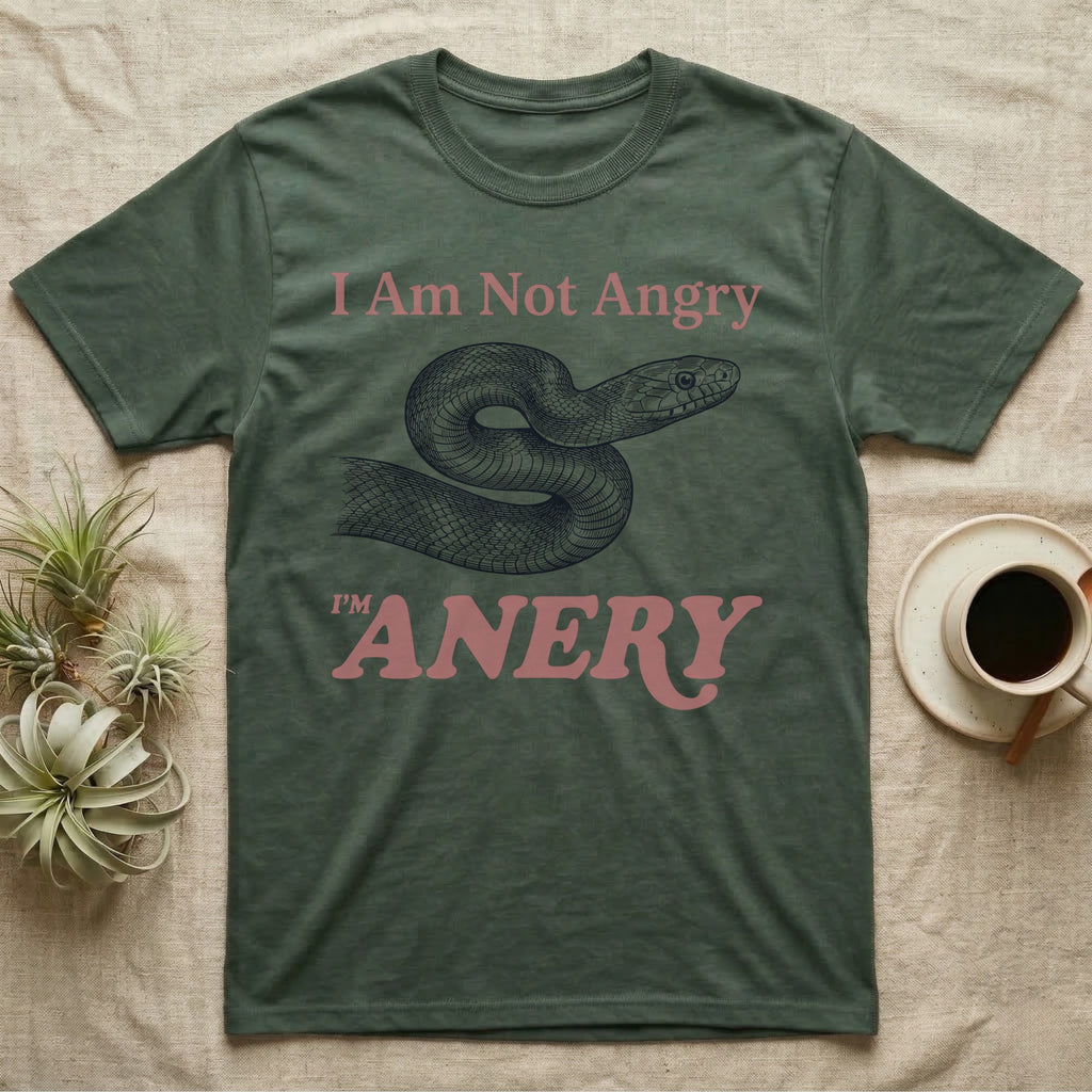 Anery Corn Snake T-Shirt in Military Green — Engraved corn snake curled into an S between the words I Am Not Angry and I'm ANERY in dusty rose type.