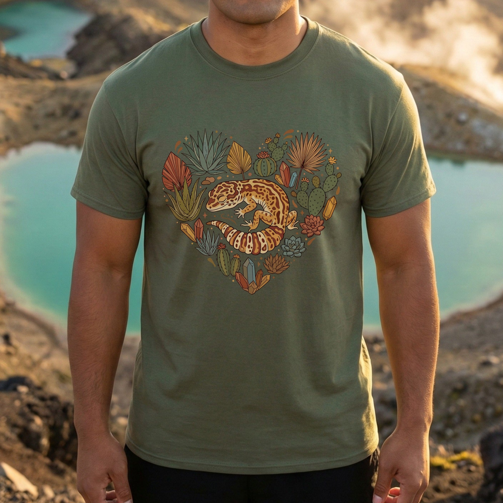 Gecko and Cactus Heart Design Graphic Tee