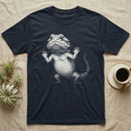 Begging Bearded Dragon T-Shirt in Navy — Sad-meme halftone illustration of a bearded dragon standing upright with arms pressed to unseen glass, looking forlorn.
