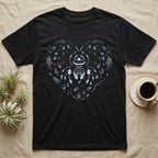 Black t-shirt with a heart-shaped pattern featuring a spider and acorns.