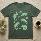 Veiled Chameleon Cosmic T-Shirt in Military Green — Vintage screen-print illustration of veiled chameleons in astronaut helmets floating in space, cosmic nebula mint green monochromatic on dark background.