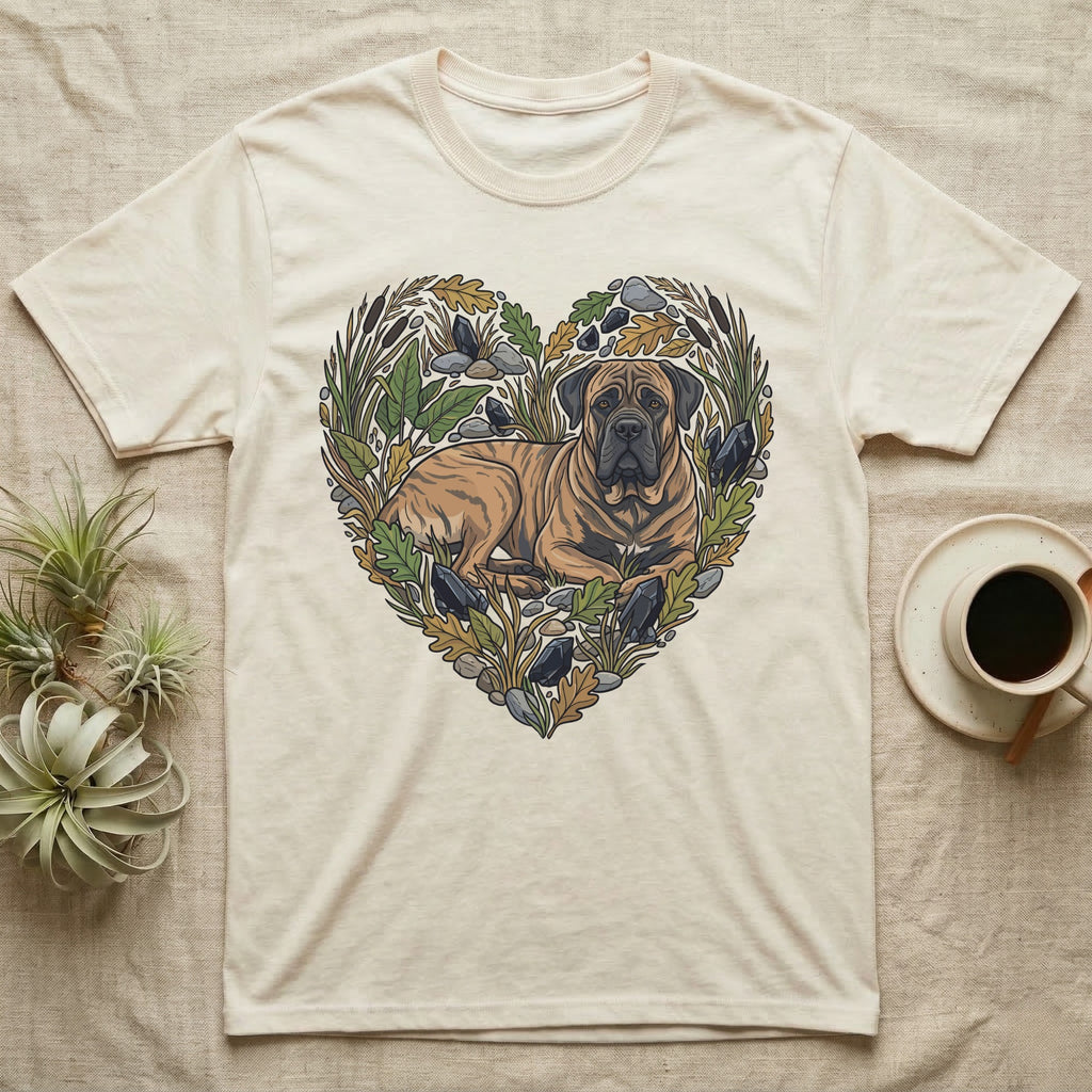 Cream t-shirt with a mastiff dog illustration inside a heart of leaves and reeds.