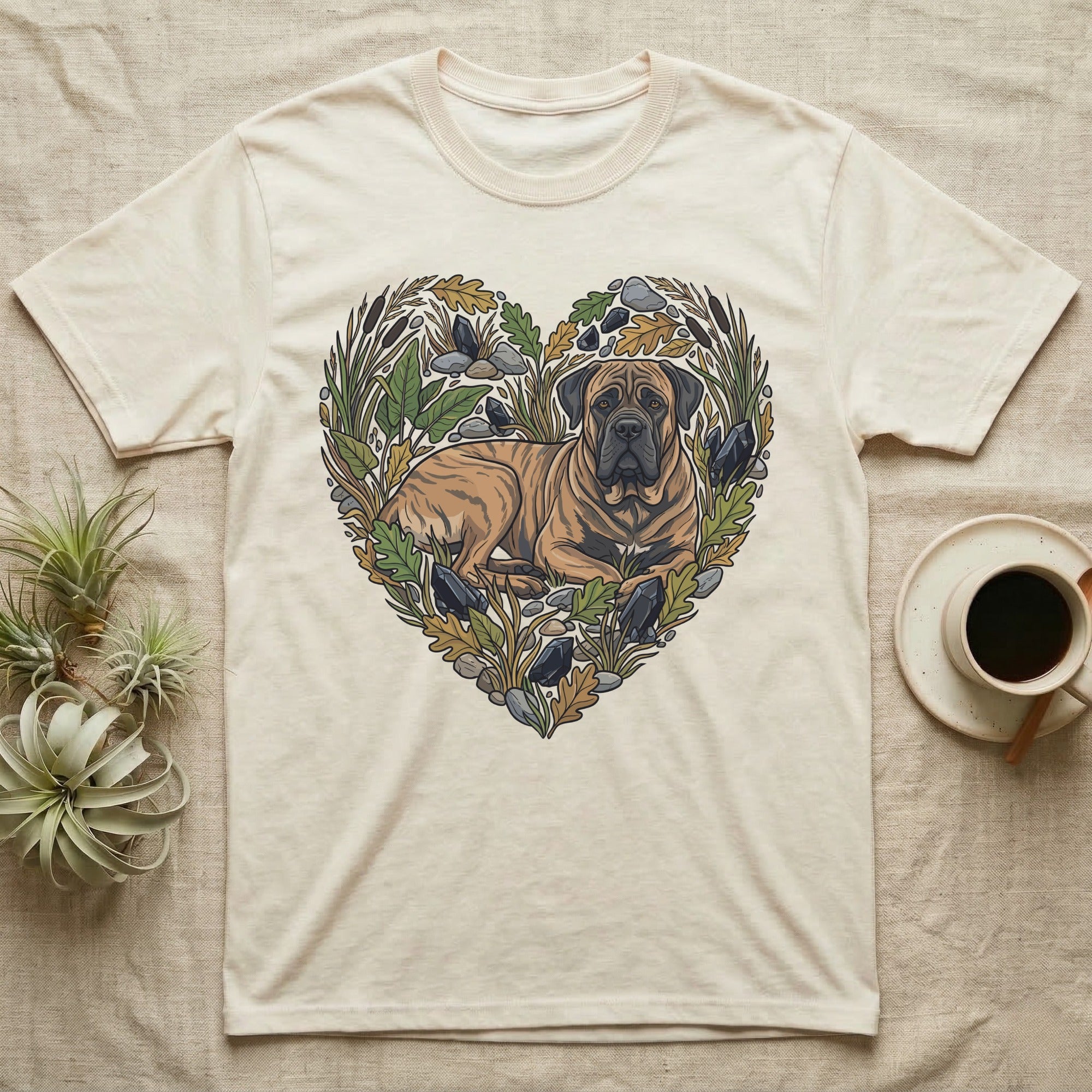 Cream t-shirt with a mastiff dog illustration inside a heart of leaves and reeds.