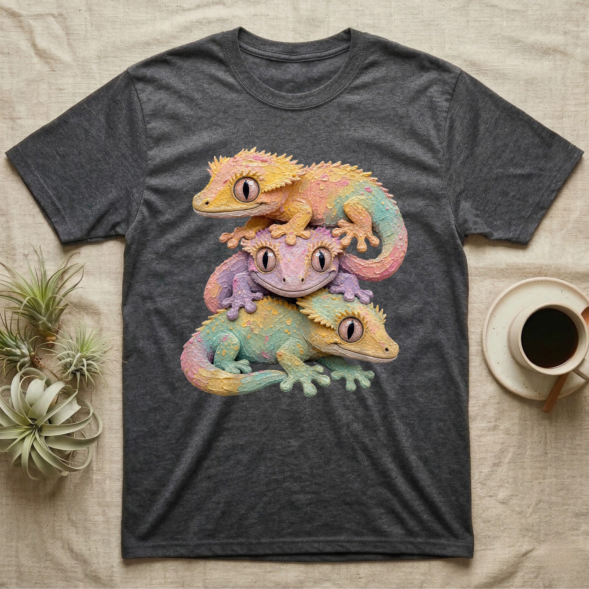 Three colorful geckos stacked on a dark grey t-shirt.