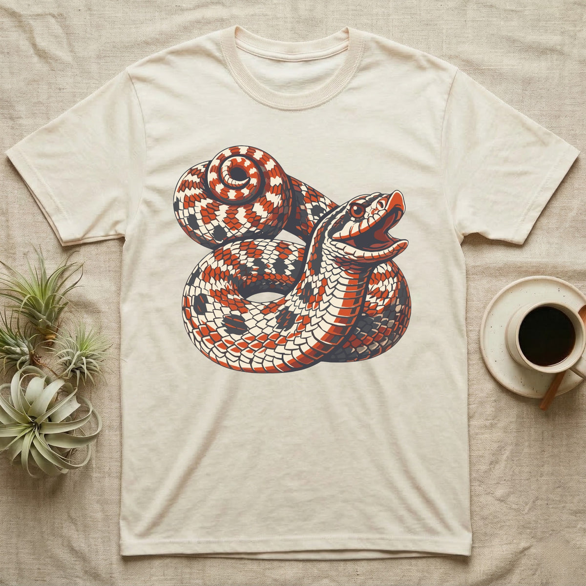 Hognose Snake Hood Flare T-Shirt in Natural — Bold three-colour screen-print illustration of a coiled western hognose snake with its neck flared into a hood and mouth open, no on-shirt text.
