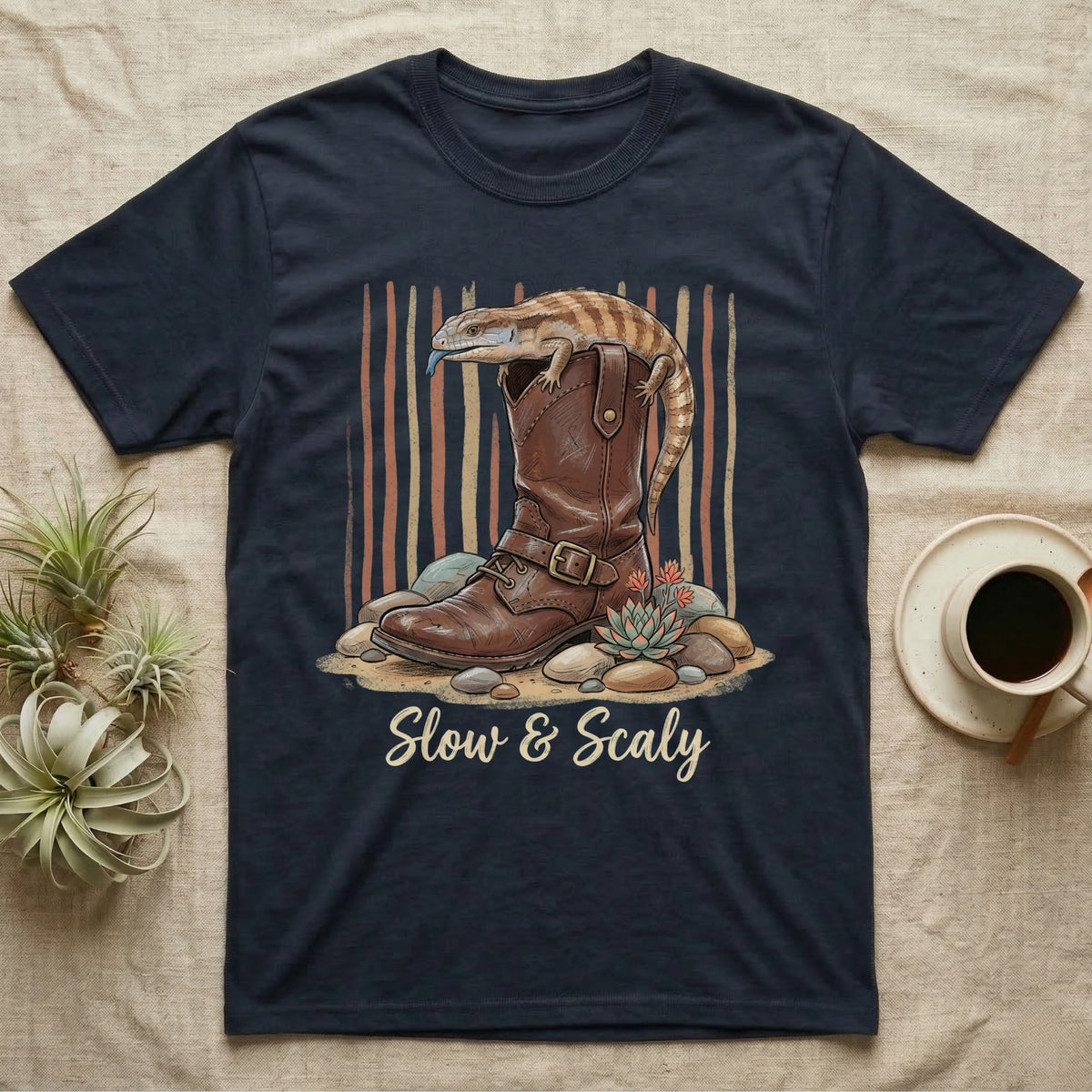 Bearded dragon on a boot, with "Slow & Scaly" text.