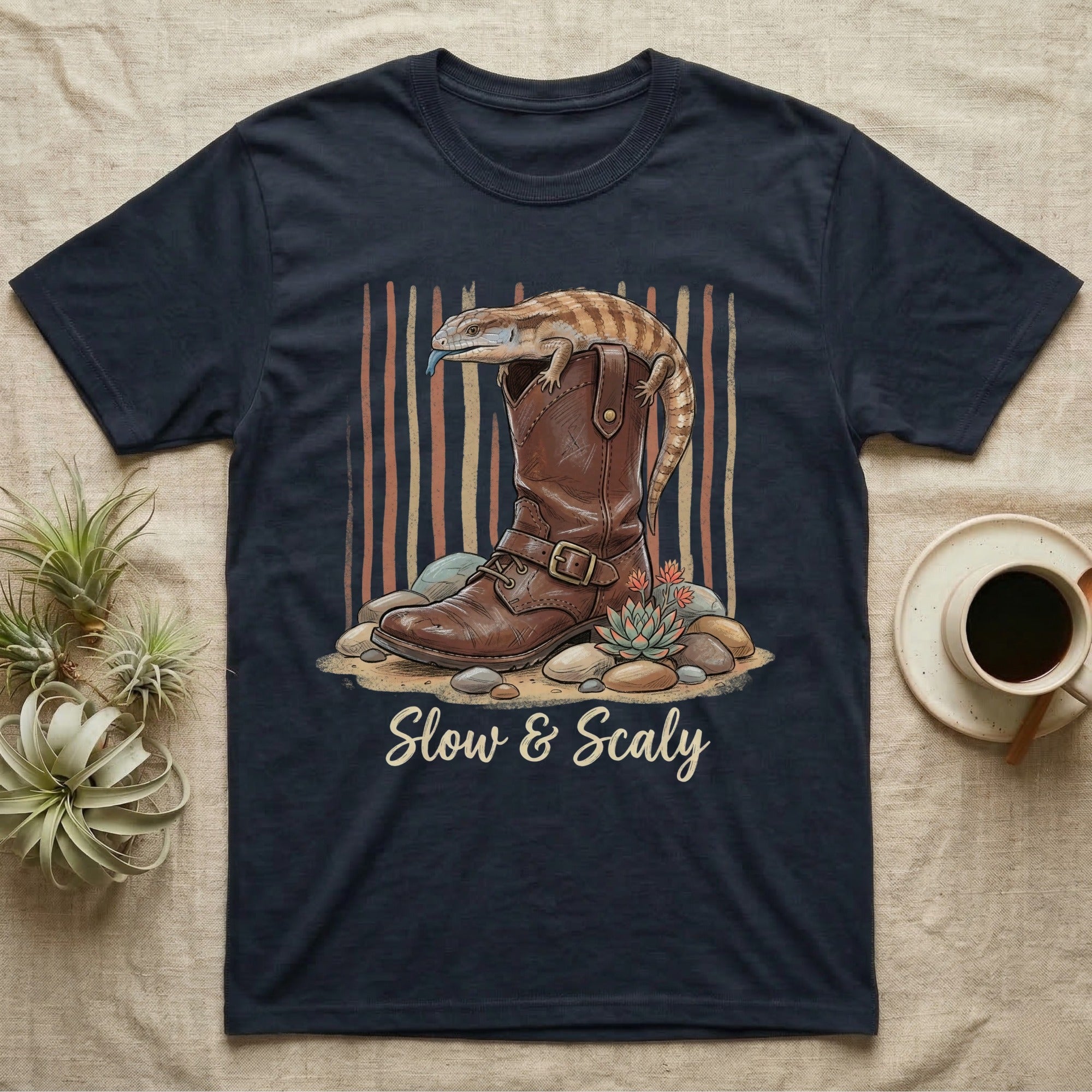 Bearded dragon on a boot, with "Slow & Scaly" text.