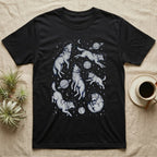 Black t-shirt with astronauts howling at space and planets.