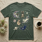 Green t-shirt with cartoon French bulldogs and cats in space.