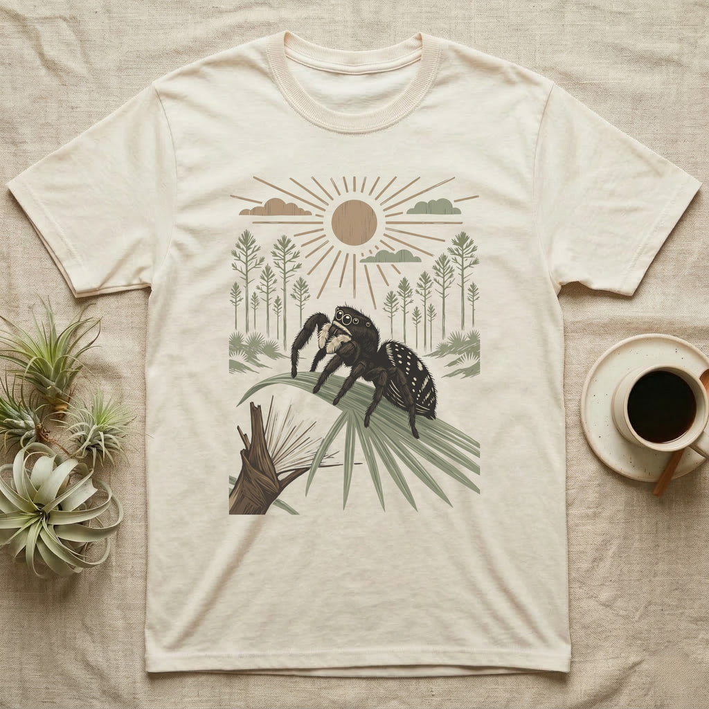 Jumping Spider Home Range T-Shirt in Natural — Woodcut-style illustration of a regal jumping spider perched on a saw palmetto blade with pines behind, no on-shirt text.