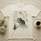 Jumping Spider Home Range T-Shirt in Natural — Woodcut-style illustration of a regal jumping spider perched on a saw palmetto blade with pines behind, no on-shirt text.