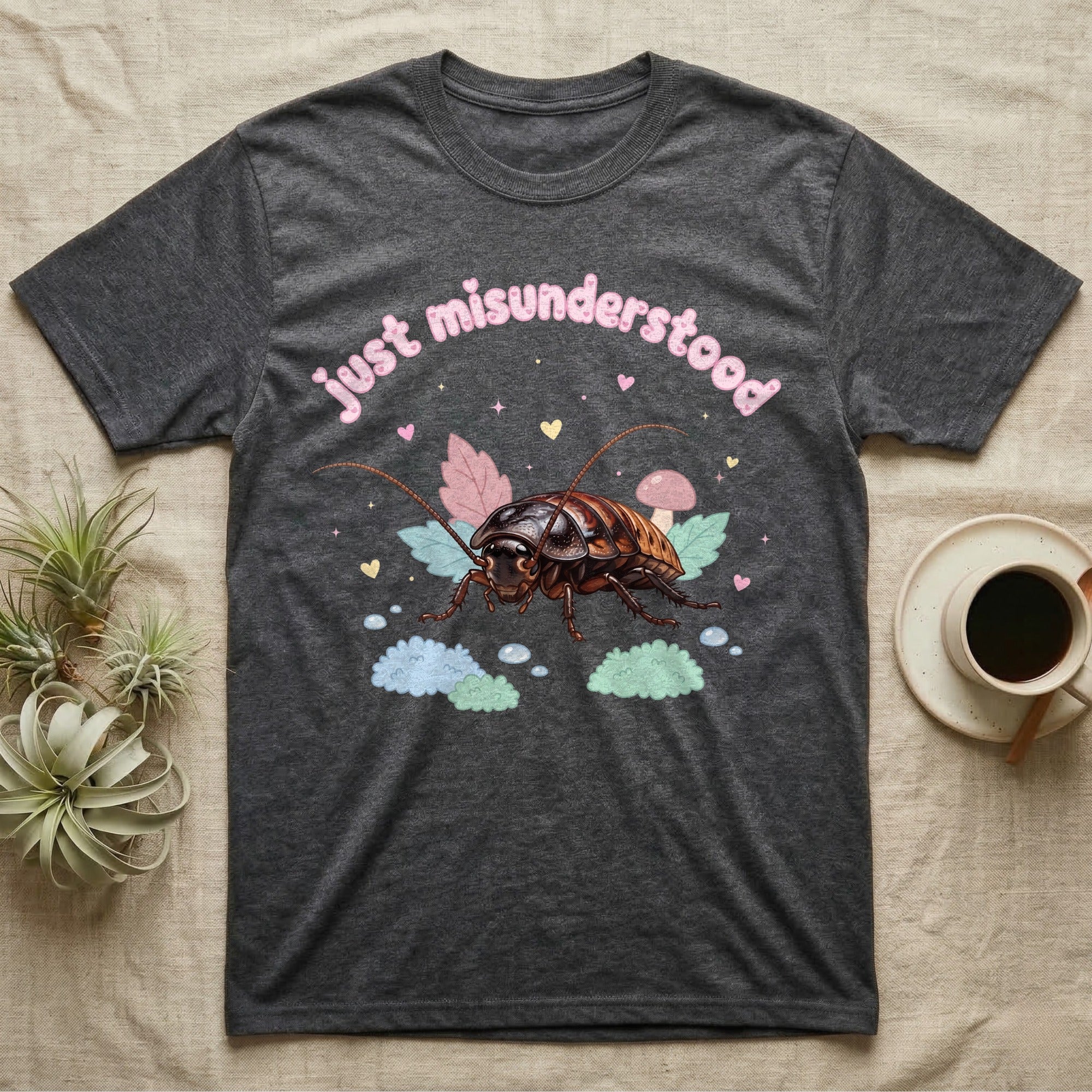 Madagascar Hissing Cockroach Baby T-Shirt in Dark Heather — Pastel Madagascar hissing cockroach among leaves, mushroom and moss, puffy pink wordmark "just misunderstood" above.