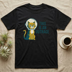 Black t-shirt with a cat in an astronaut helmet and the text "THIS IS AN OUTRAGE".