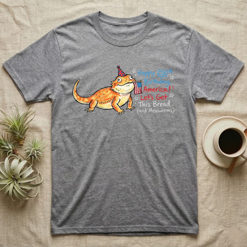 Bearded Dragon Birthday T-Shirt in Sport Grey — Sketch-style bearded dragon in a party hat holding a flag with handwritten text Happy 250th Birthday, America.