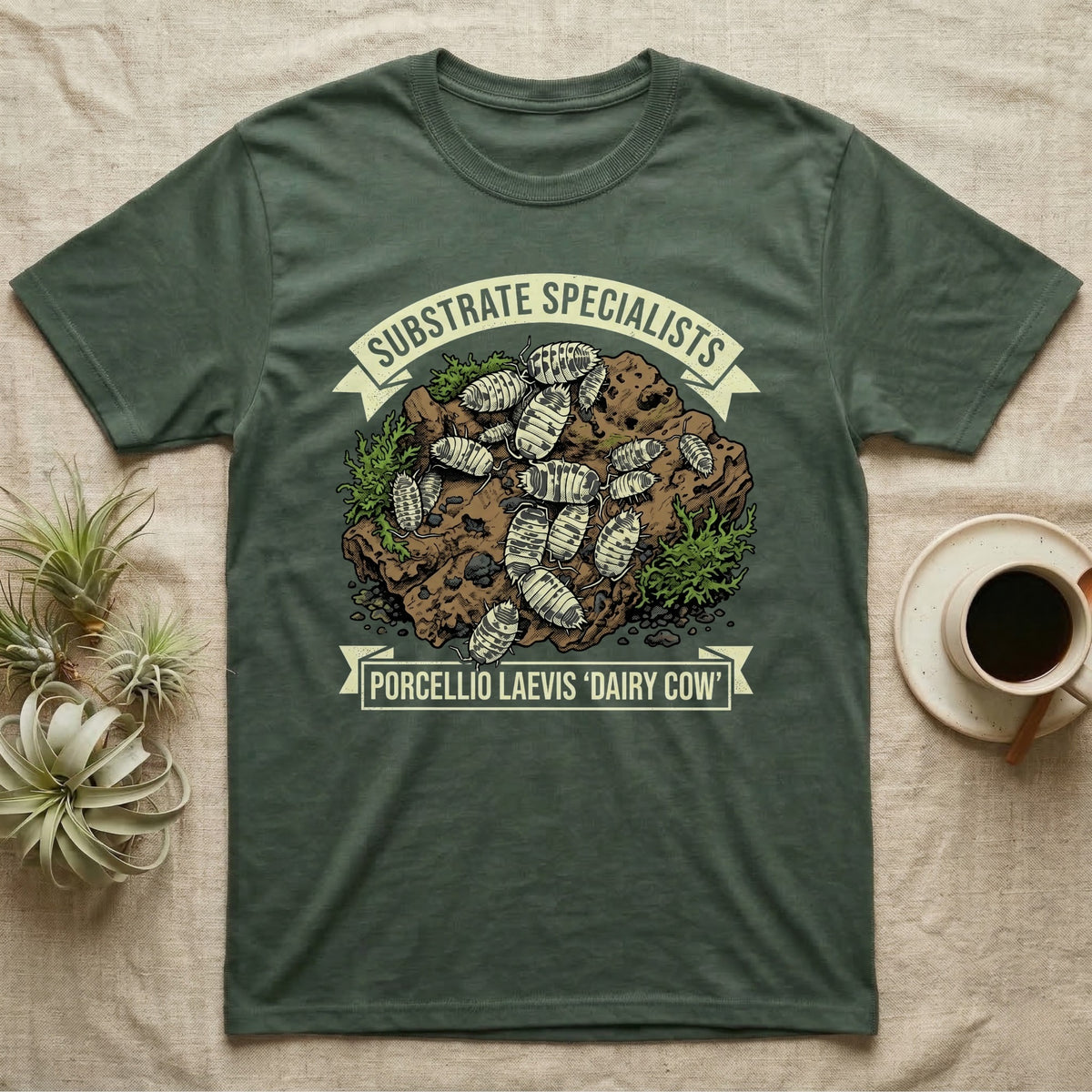 Dairy Cow Isopod Substrate Specialists T-Shirt in Military Green — Vintage print of a dairy cow isopod colony on a mossy soil clod between "Substrate Specialists" banners.
