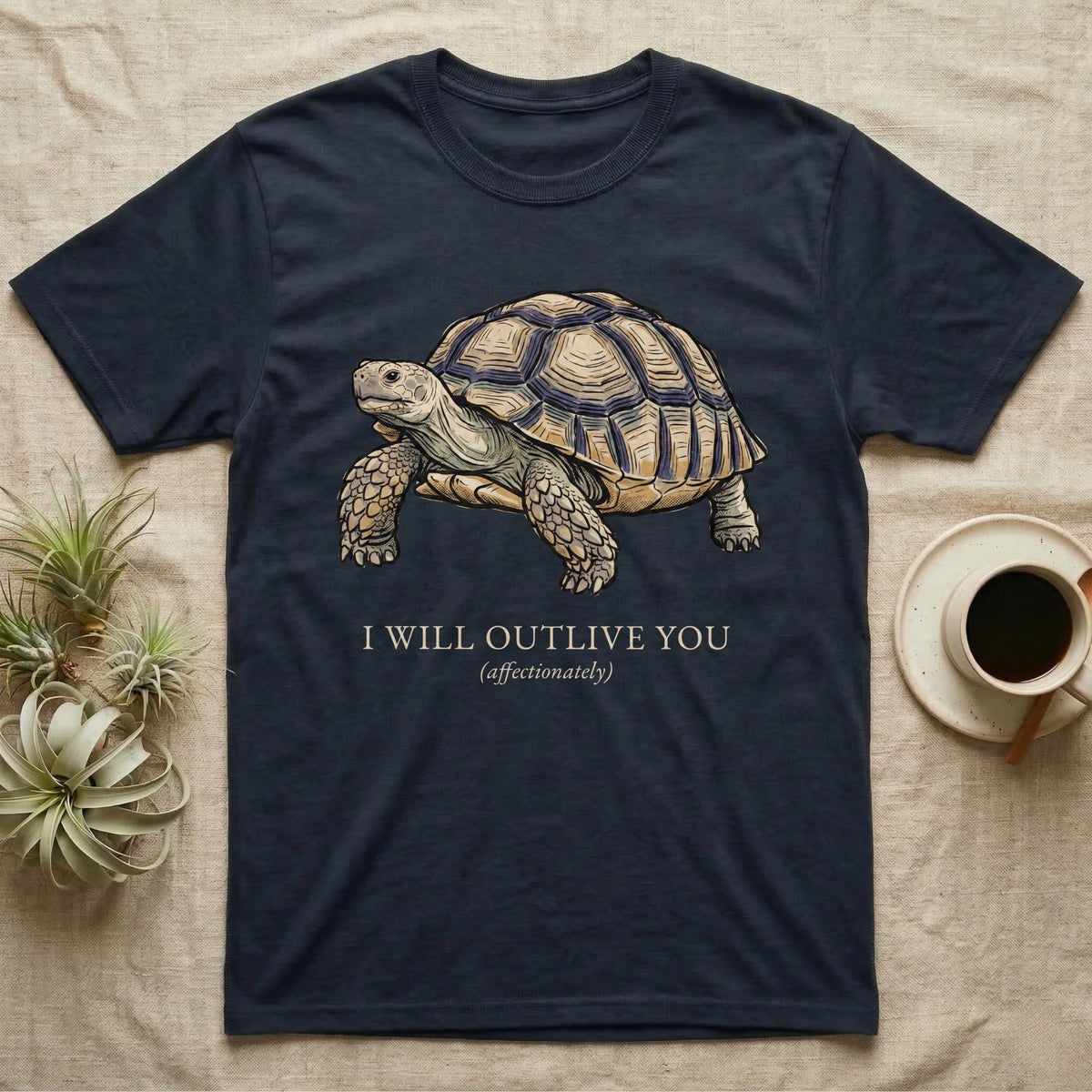 Sulcata Outlive You T-Shirt in Navy — Ukiyo-e woodblock illustration of a sulcata tortoise in profile with a deadpan serif caption about outliving you.