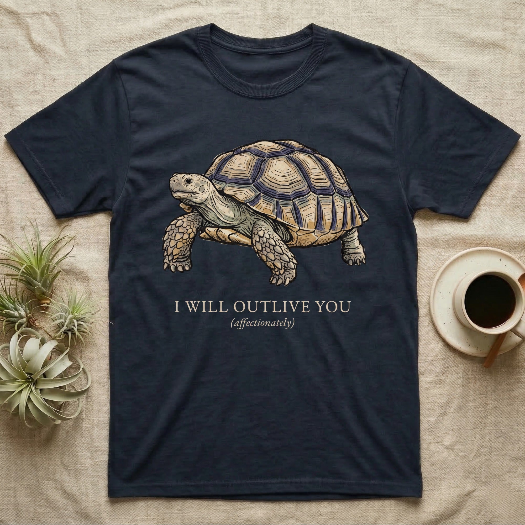 Sulcata Outlive You T-Shirt in Navy — Ukiyo-e woodblock illustration of a sulcata tortoise in profile with a deadpan serif caption about outliving you.