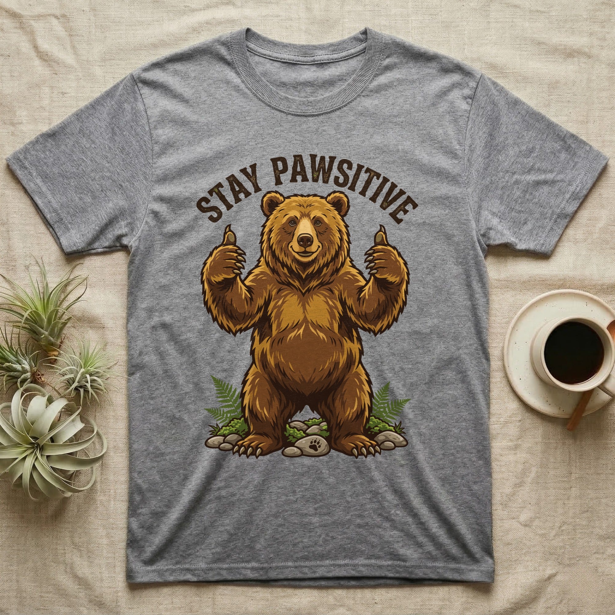 Gray t-shirt with a bear giving two thumbs up, text "STAY PAWSITIVE".