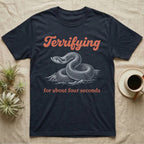 Western Hognose Terrifying T-Shirt in Navy — White-line engraving of a western hognose snake coiled mid-bluff under orange script reading Terrifying