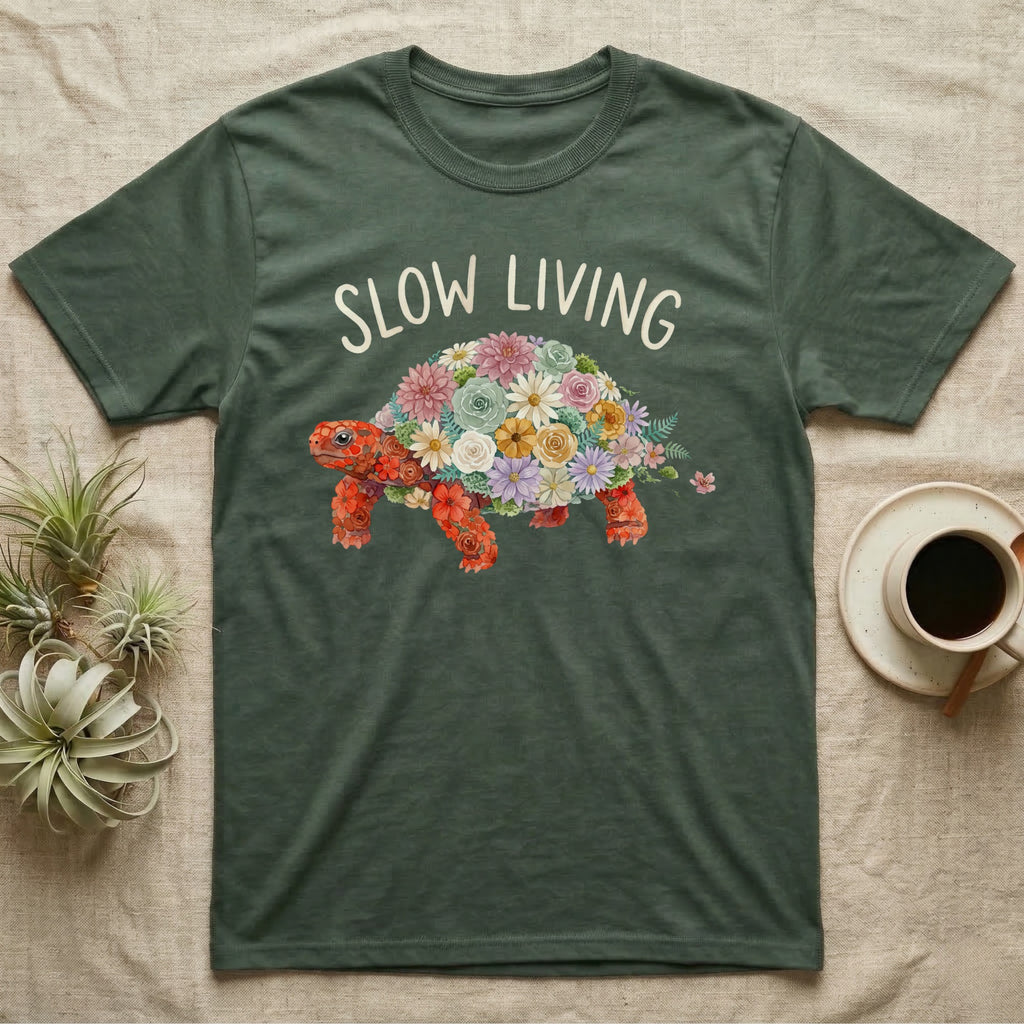 Red-Foot Tortoise Slow Living T-Shirt in Military Green — Flat watercolour mosaic of a red-foot tortoise built entirely from terrarium flowers and ferns.