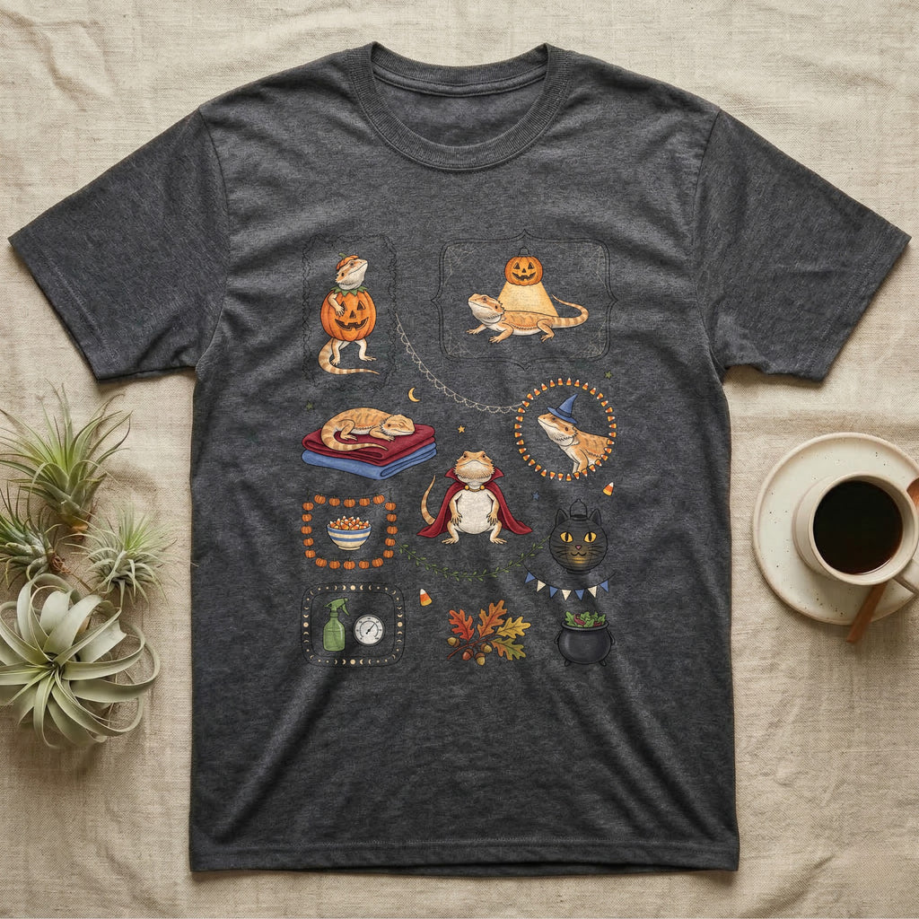 Bearded Dragon Halloween Sampler T-Shirt in Dark Heather — Gouache sampler of ten bearded dragon Halloween vignettes — pumpkin costume, witch hat, red cape — on dark charcoal.