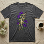 Dark gray t-shirt with leopard gecko and purple flowers graphic.