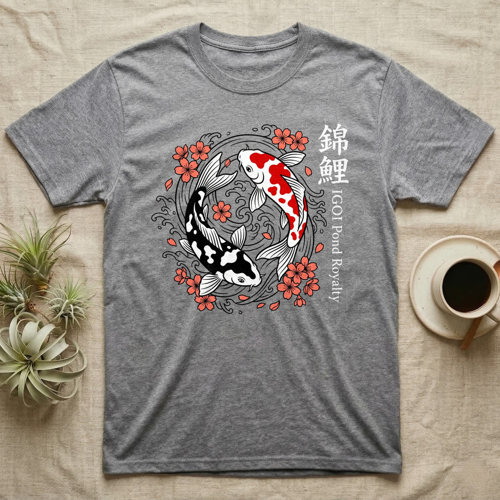 Gray t-shirt with yin-yang koi fish and cherry blossoms.