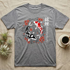 Gray t-shirt with yin-yang koi fish and cherry blossoms.