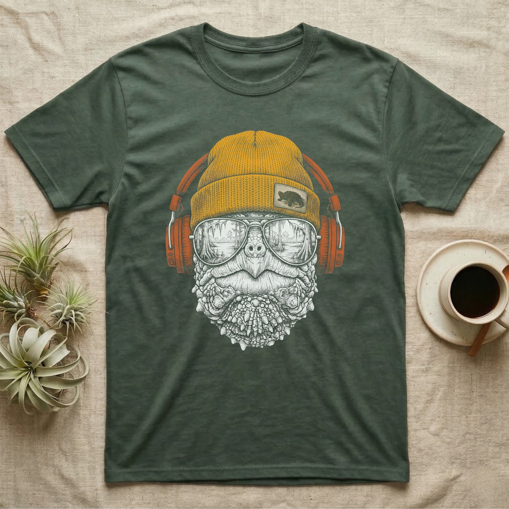 Snapping Turtle Headphones T-Shirt in Military Green — Engraved alligator snapping turtle with spiked skin and hooked beak, in a beanie and headphones, swamp reflection.