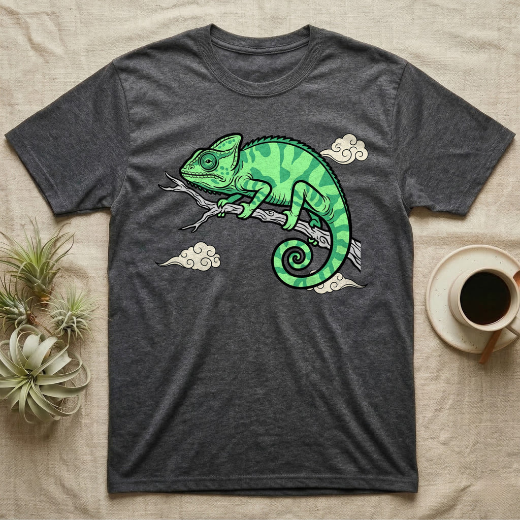 Dark grey t-shirt featuring a cartoon green chameleon on a branch.