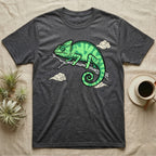 Dark grey t-shirt featuring a cartoon green chameleon on a branch.