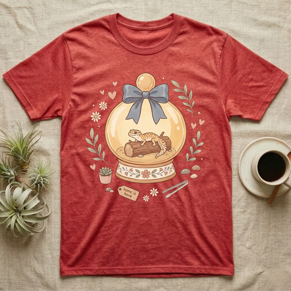 T-shirt with a leopard gecko in a snow globe with floral accents and "Home is here" tag.