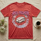Apex Predator Isopod T-Shirt in Heather Red — Bootleg design of a cute isopod in a floral wreath under dripping death-metal lettering reading "Apex Predator."